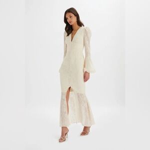 Lavish Alice LAUREN Fluted Sleeve Maxi Dress In Cream Floral Textured Chiffon US10